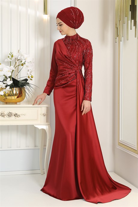  Pınar Şems - Kristal Evening Dress Claret Red