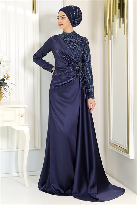  Pınar Şems - Kristal Evening Dress Navy Blue