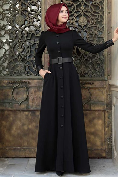 Pınar Şems Deri Düğmeli Elbise Siyah